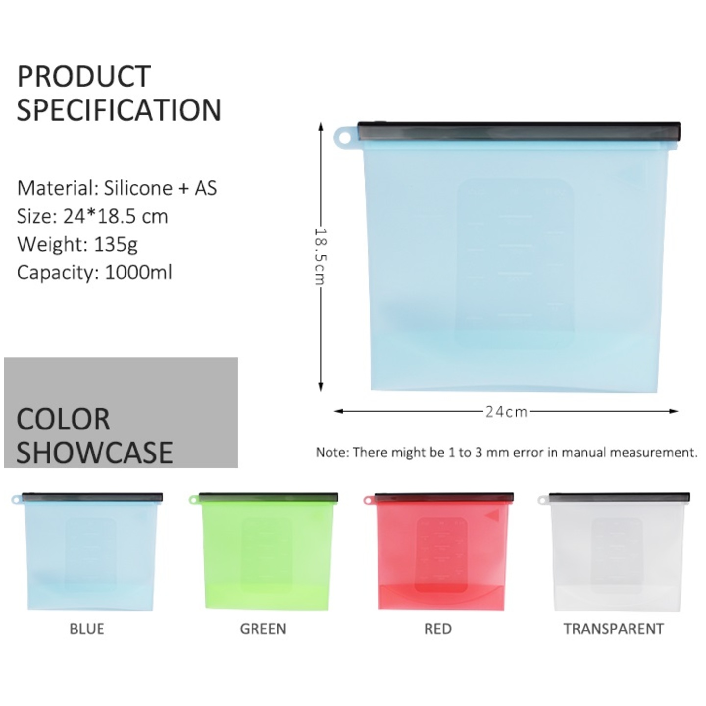 Food-grade 1000ml Silicon storage bag
