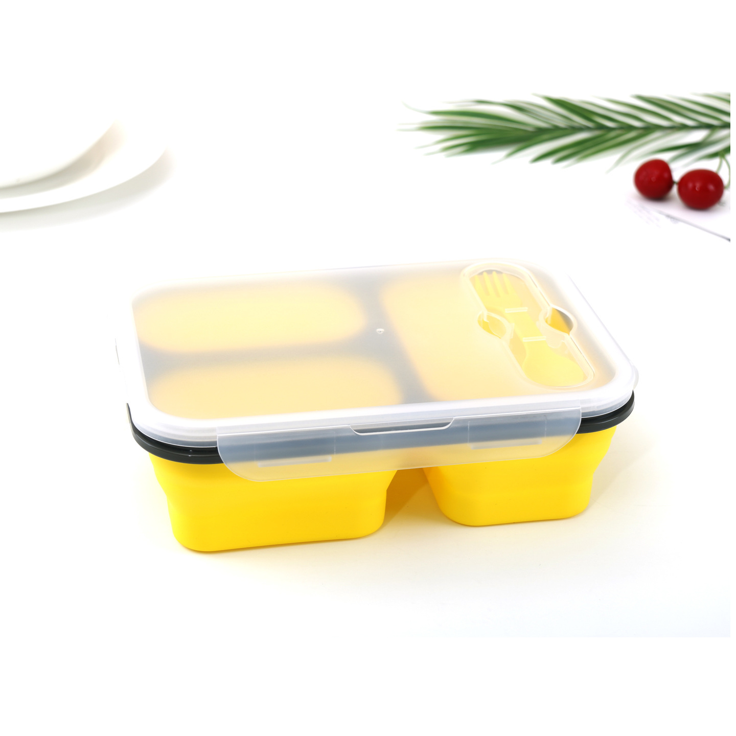 Food grade silicon collapsible lunch box with spoonforks  FDA test report cert.