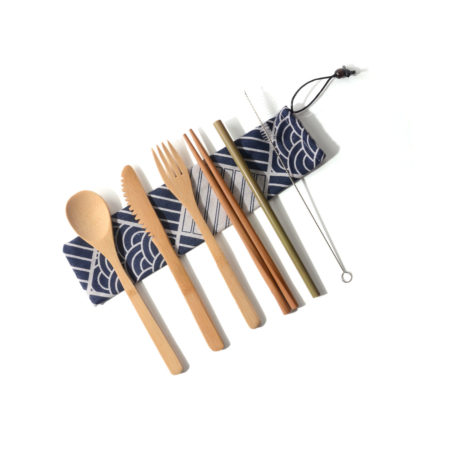Eco-friendly Reusable Bamboo  travel Cutlery Bamboo Set In Cotton Pouch 