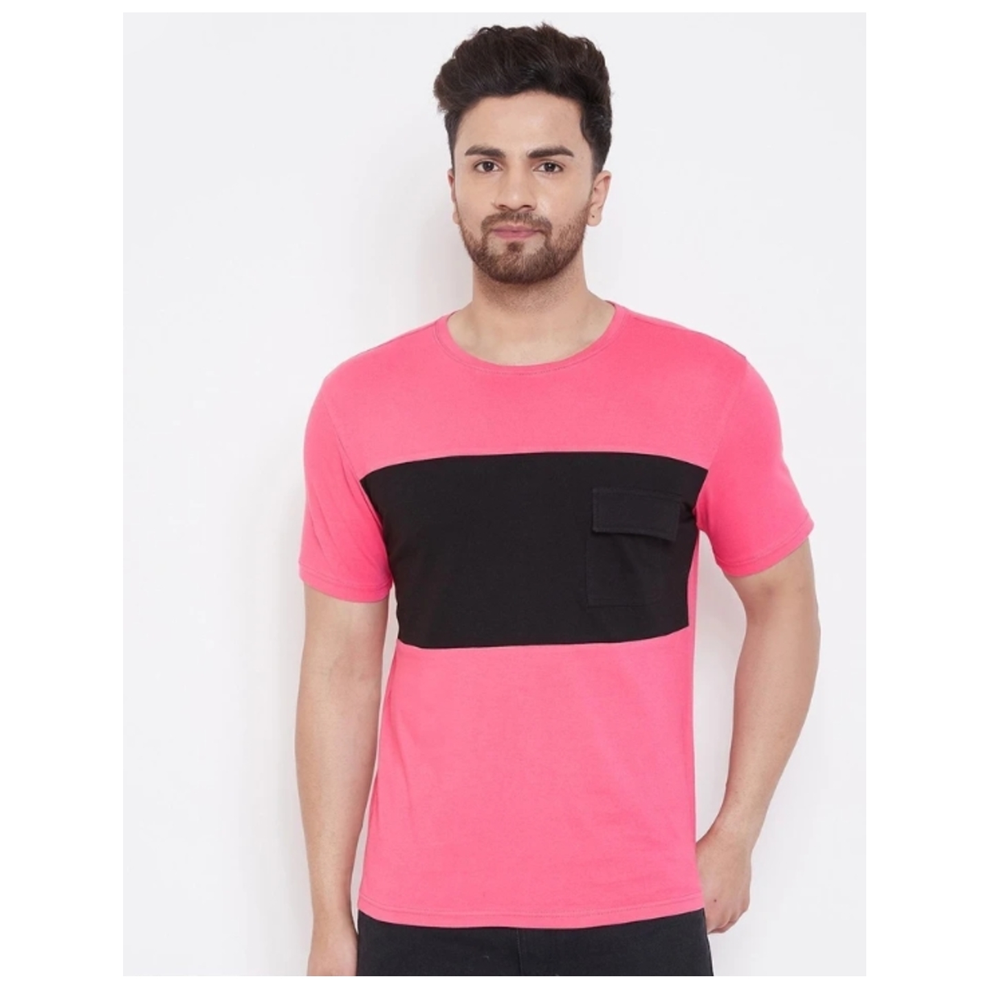 PinkBlack Mens Half Sleeves Round Neck T-Shirt