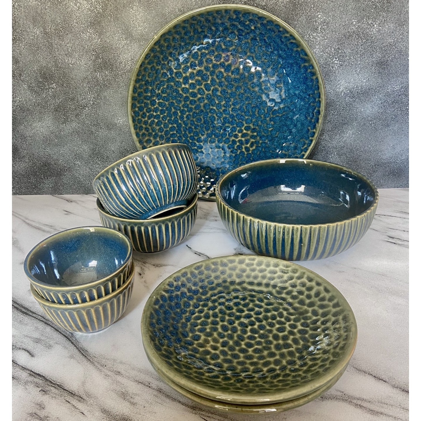 Studio Pottery Textured Sea Blue Dinner Set