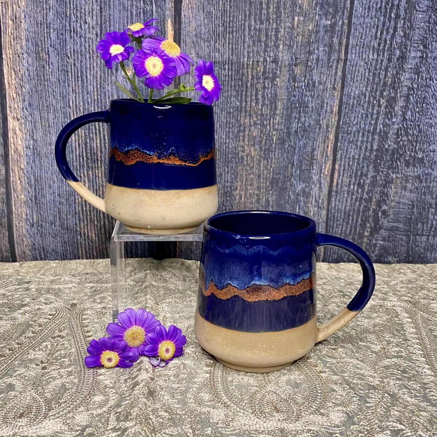 Studio Pottery Blue Drip Mugs
