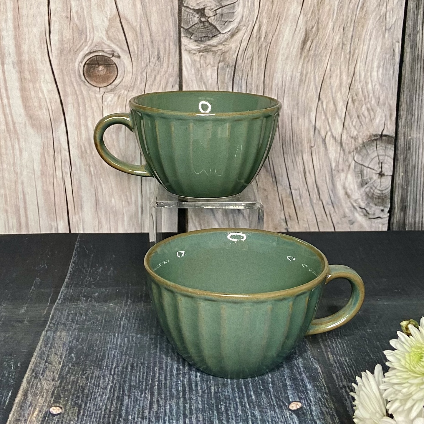 Green fluted latte mugs