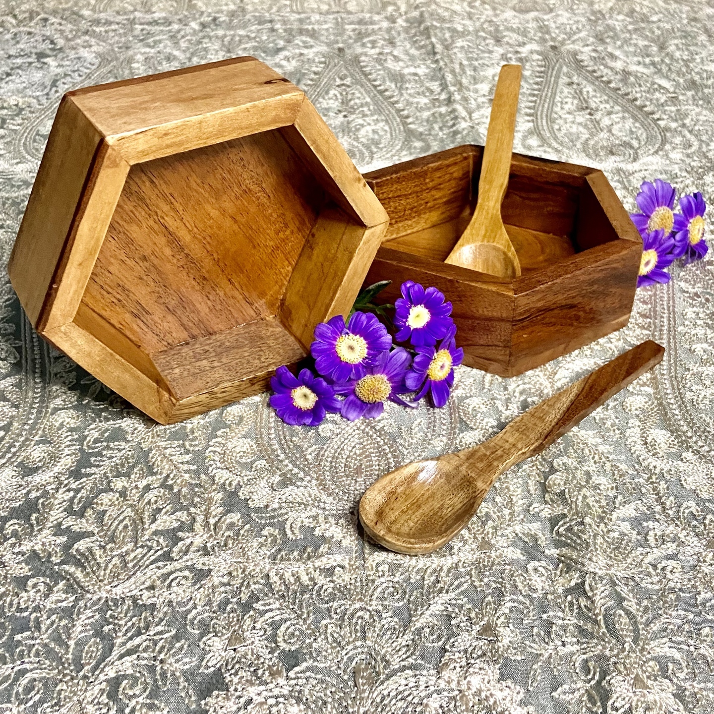Hexagon Wooden Snack Bowls with Spoons