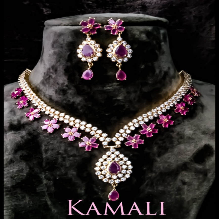 White Stone and Ruby Necklace l Gold Plated Jewellery l Kamali l 9944116790 