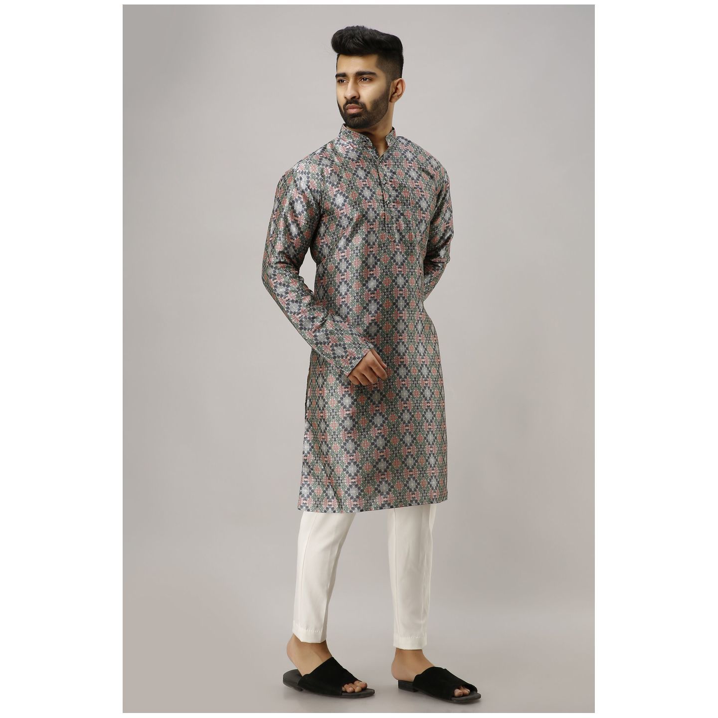 Mens Designer Silk Printed Kurta Red With Green