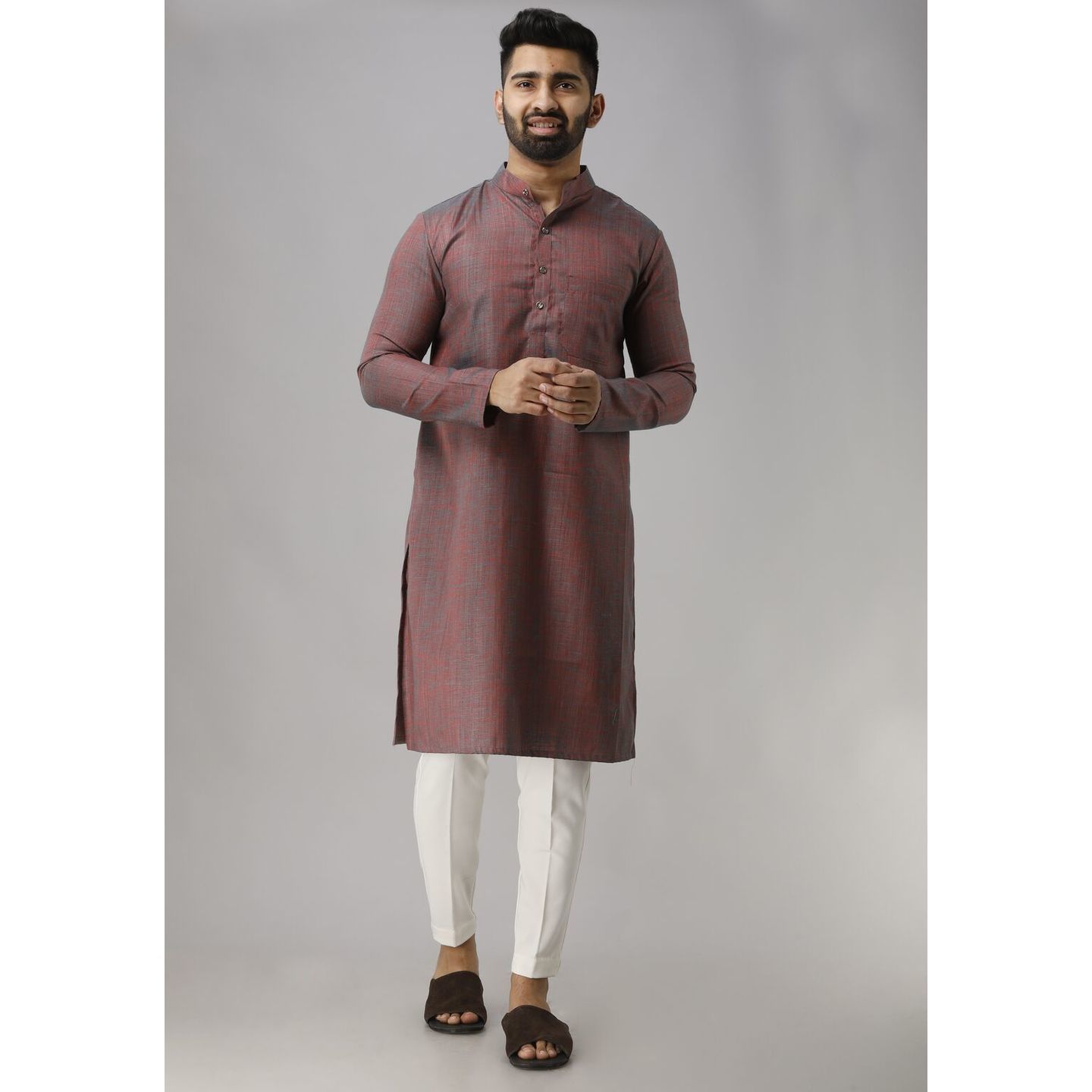 Mens Solid Cotton Blend Straight Kurta Brown