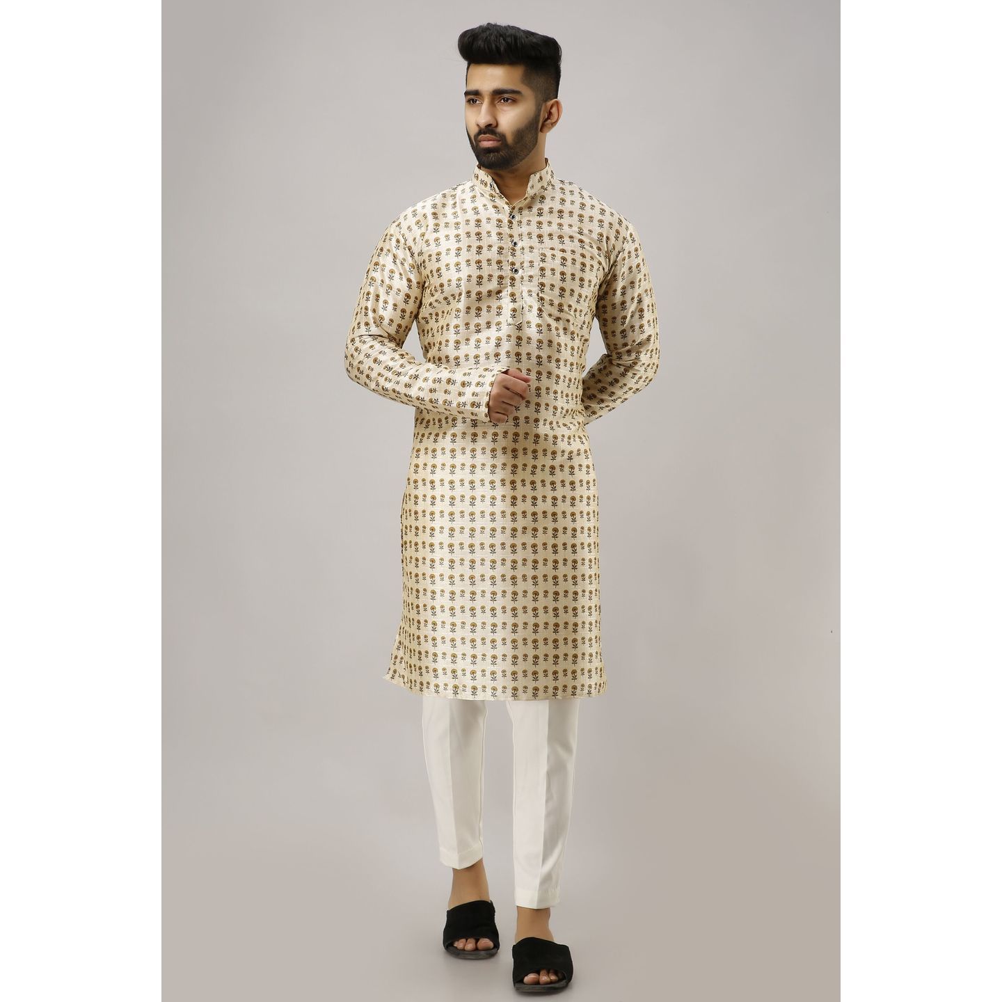 Men's Designer Silk Printed Kurta Beige