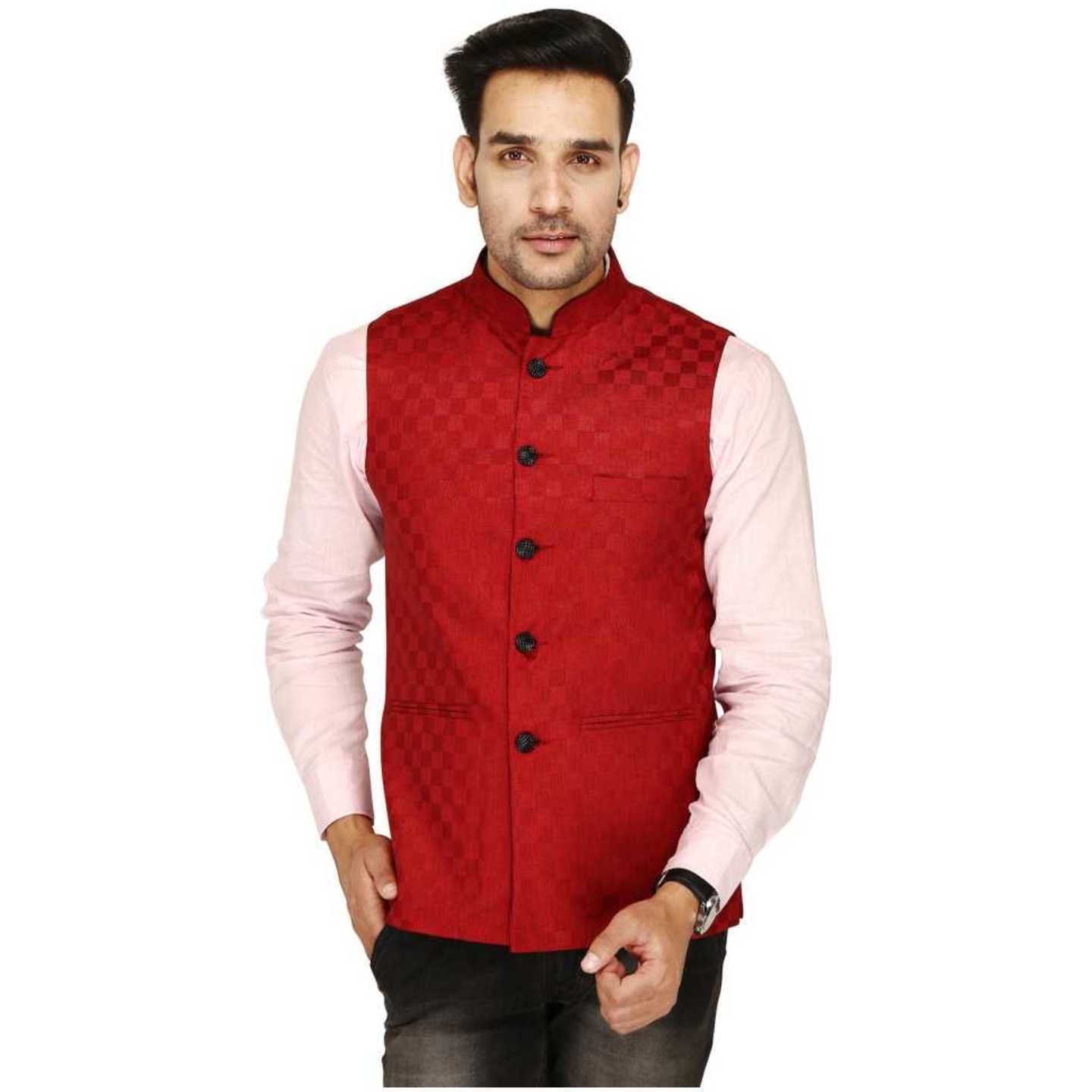 Traditional Checked Sleeveless Maroon Jacket
