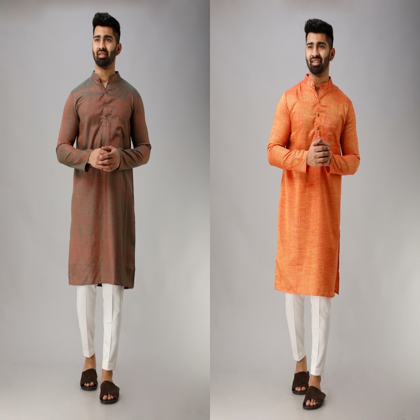 Mens Long Cotton Light Brown & Orange Kurta Pack of 02 Pcs