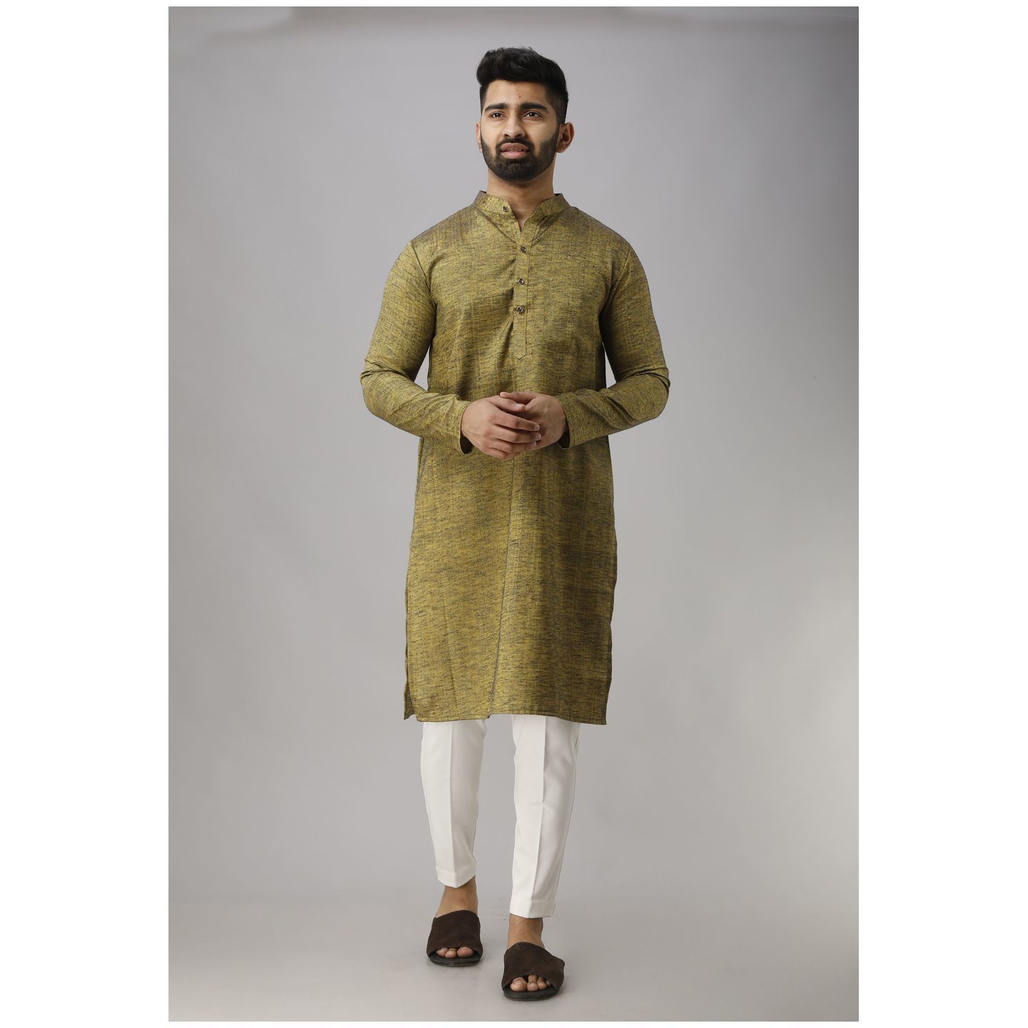 Mens Solid Cotton Blend Straight Kurta Light Green
