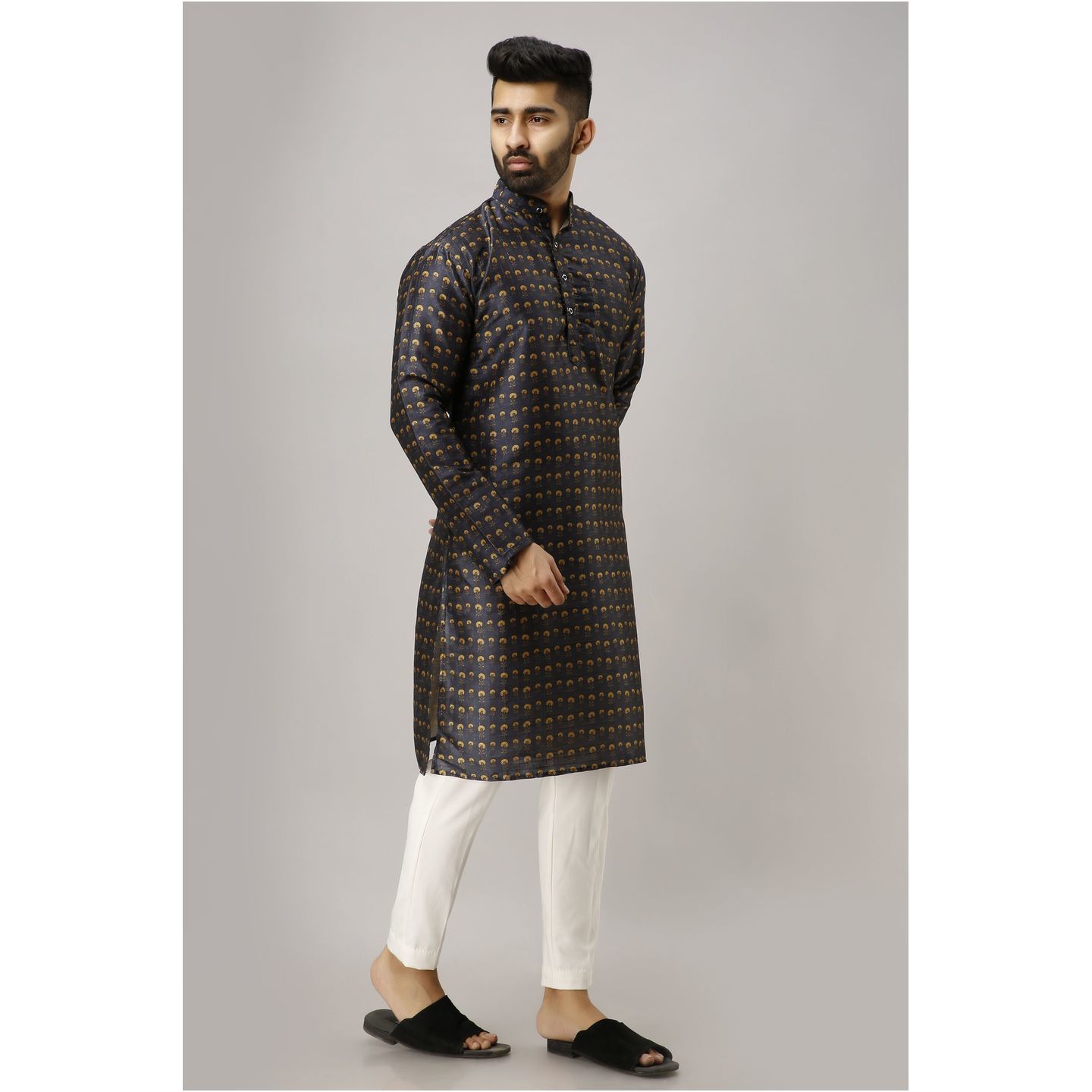Mens Designer Silk Printed Kurta Blue