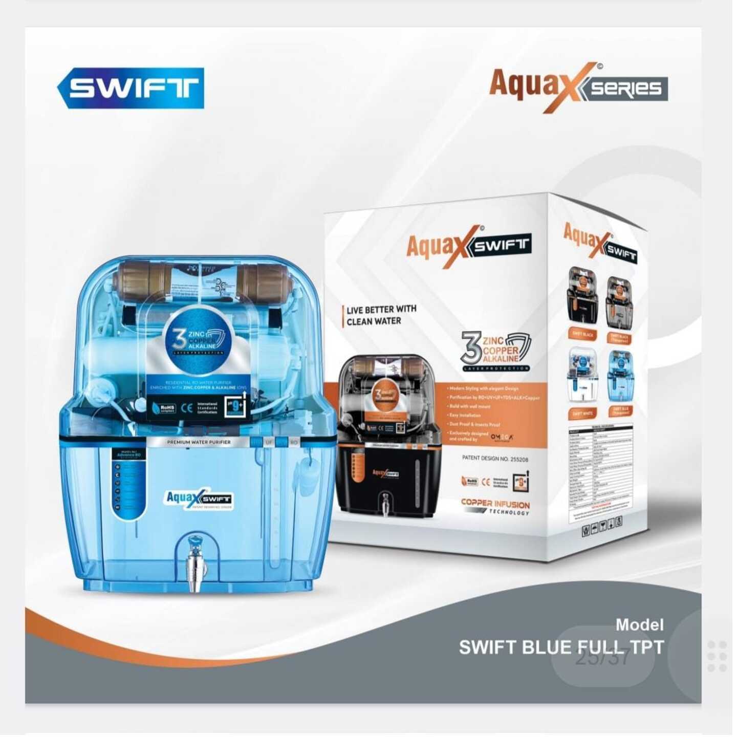 Ro Aqua Swift 15ltr /hr With Latest Smart Filtration Technology (RO+UV+UF+TDS Adjuster)+Copper+Alkaline Technology Water Purifier| Longlife Performance| Heavy Pump | Food Grade Material
