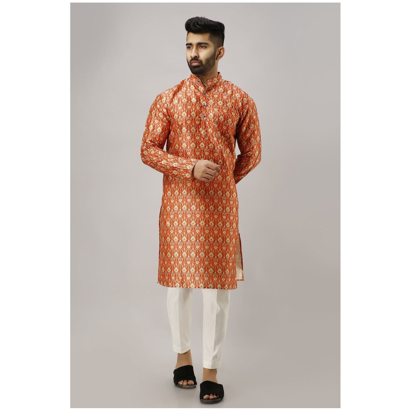 Mens Designer Silk Printed Kurta Orange