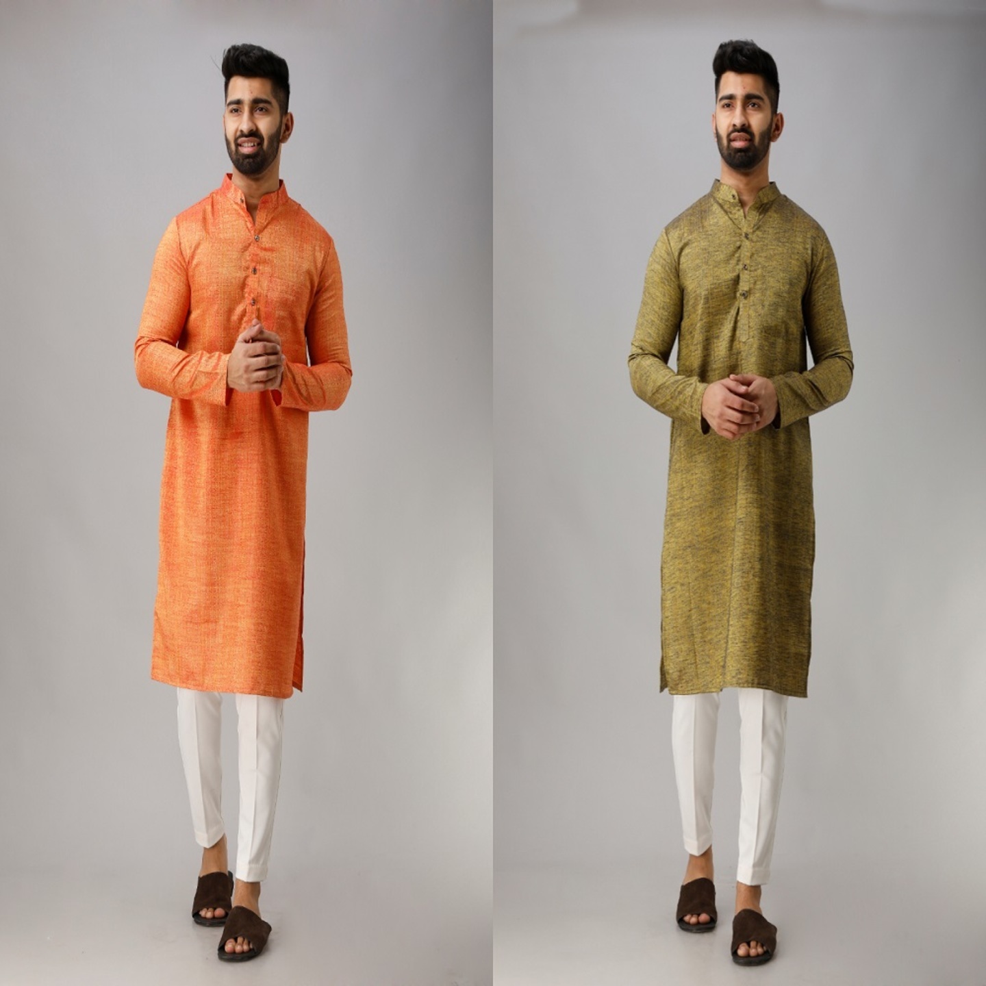 Men's Long Cotton Orange & Light Green Kurta (Pack of 02 Pcs)