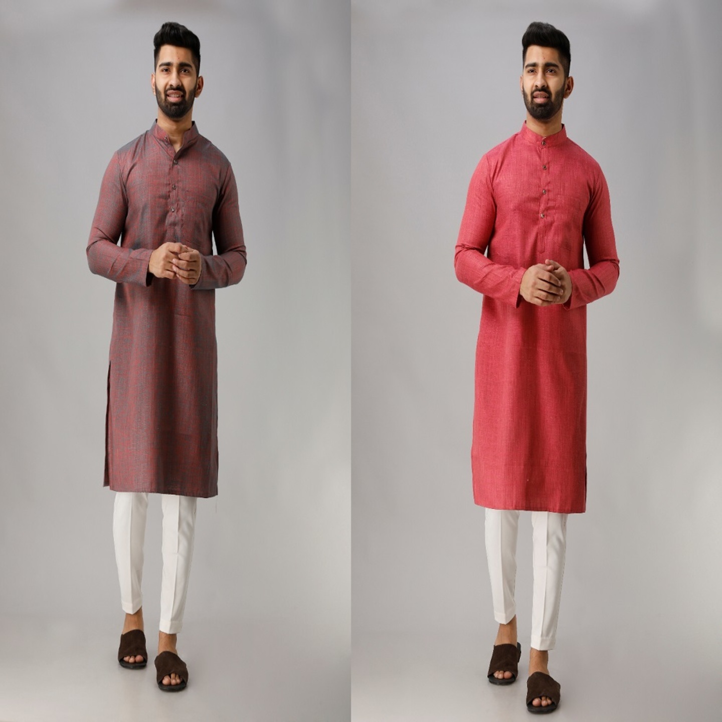 Mens Long Cotton Brown & Red Kurta Pack of 02 Pcs