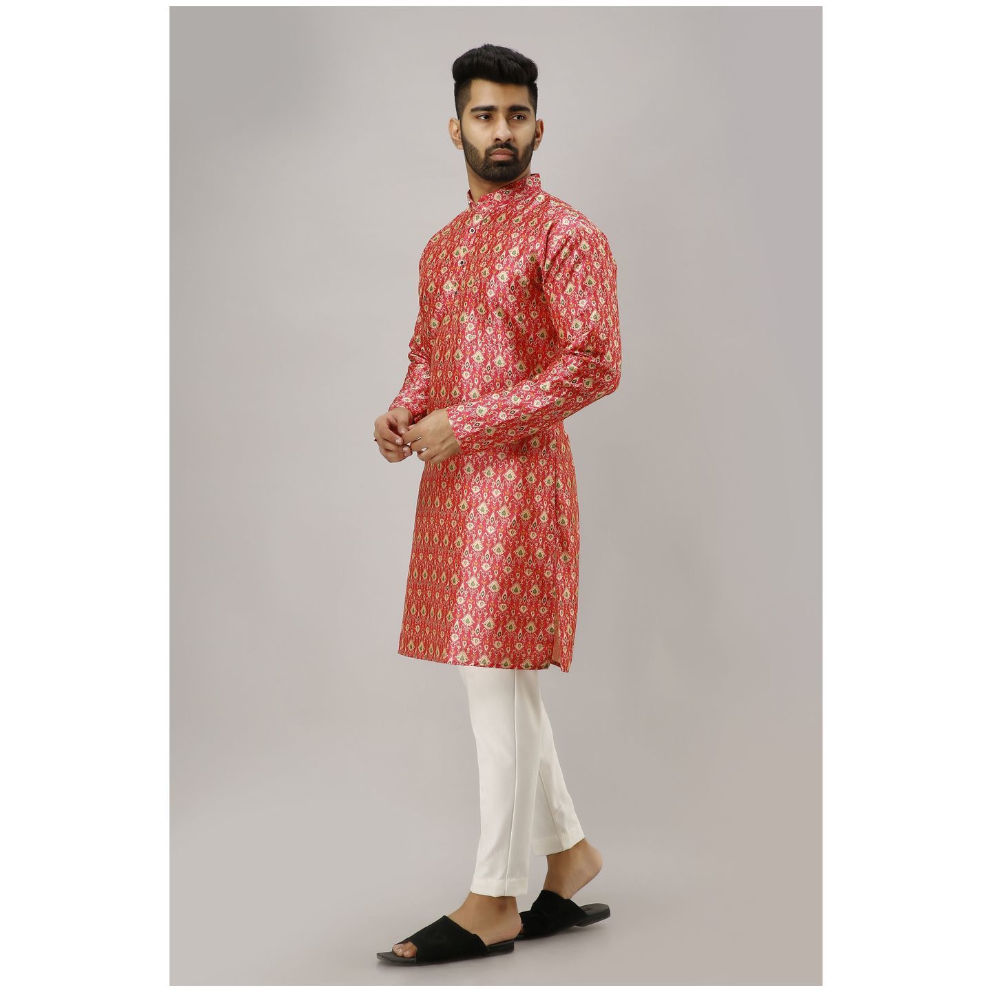 Mens Designer Silk Printed Kurta Red