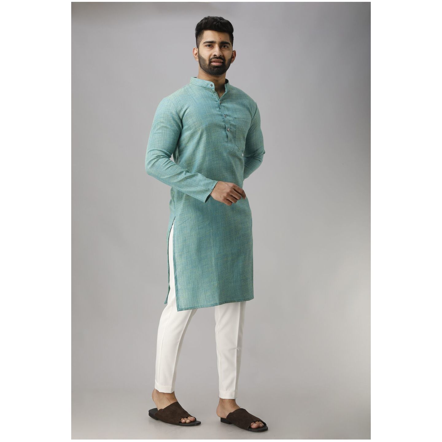 Mens Solid Cotton Blend Straight Kurta Light Sky Blue