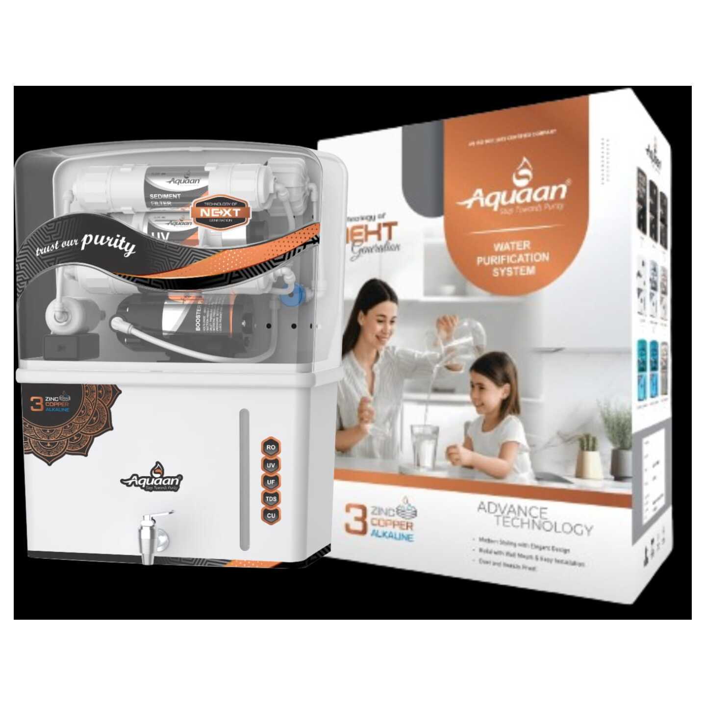Aquaan Alkaline Trending and Latest Smart Filtration Technology (RO+UV+UF+TDS Adjuster)+Copper+Alkaline Technology Water Purifier| Longlife Performance| Heavy Pump | Food Grade Material |