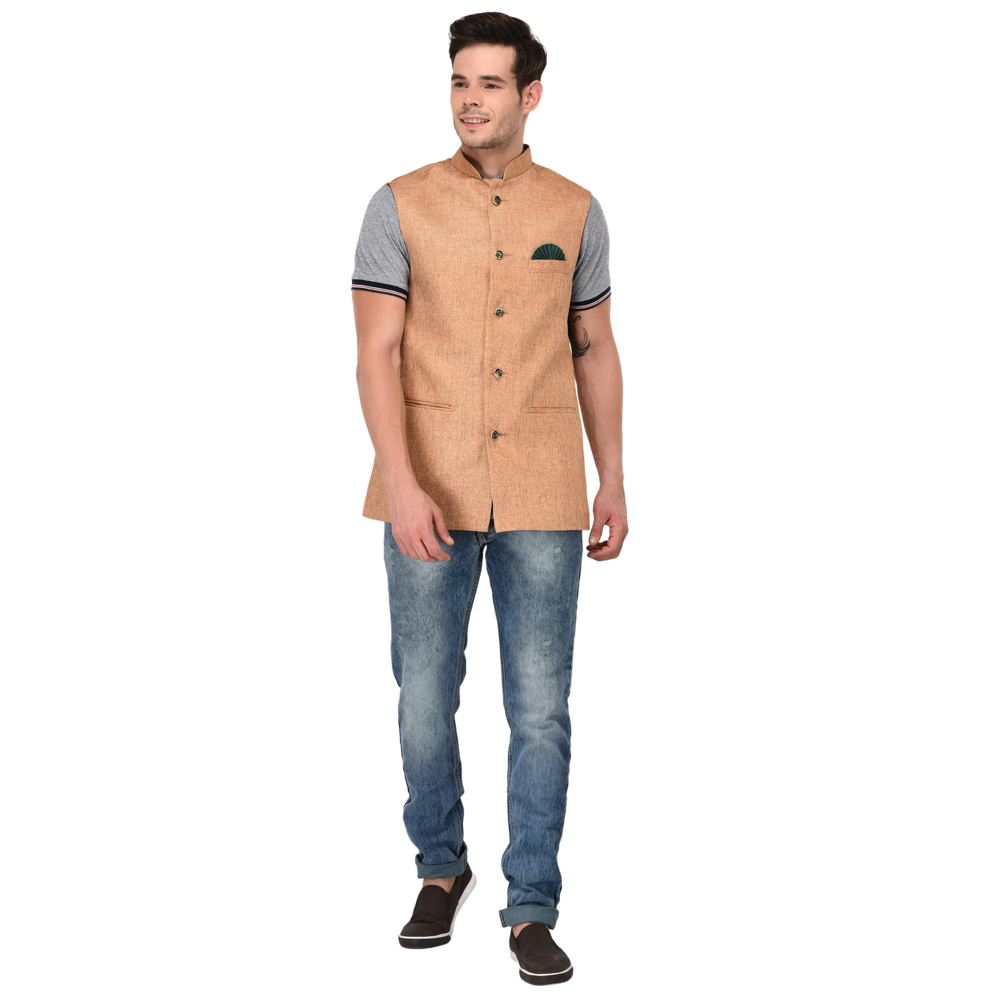 Mens Stylish Plain Sleeveless Khakhi Brown Jacket