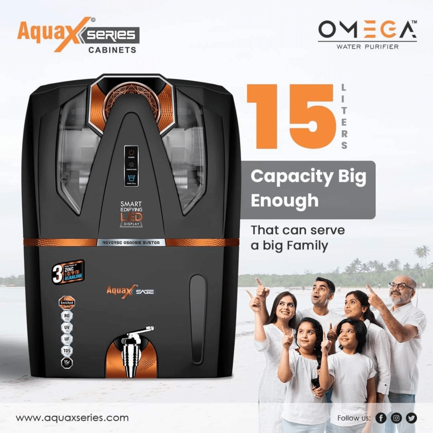 Aqua Sage RO Water Purifications System | Storage capacity approx 14 to 15 ltr | RO+UV/Uf+TDS+Alkaline+Copper+zinc+orp | Available in Black and White Color Options