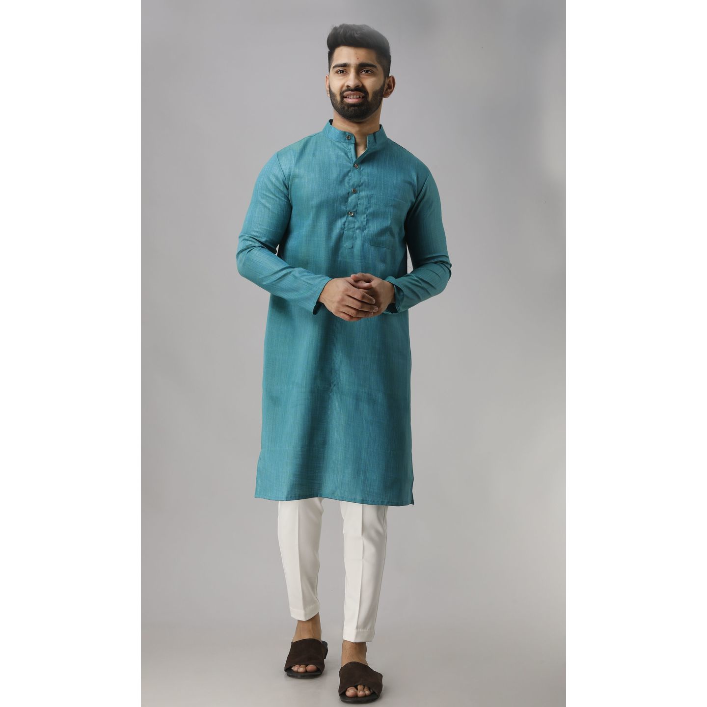 Mens Solid Cotton Blend Straight Kurta Sky Blue