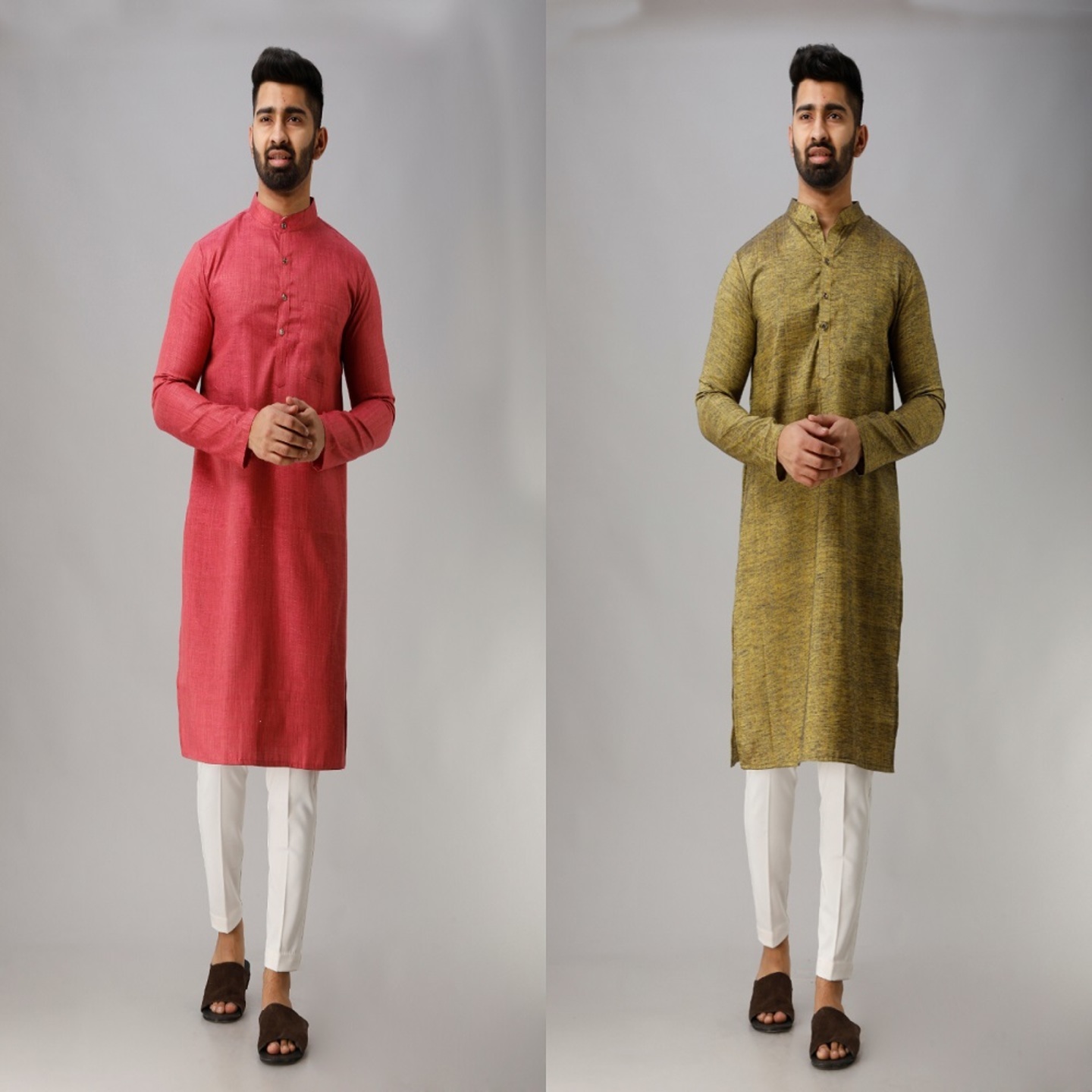 Men's Long Cotton Light Green & Pink Kurta (Pack of 02 Pcs)