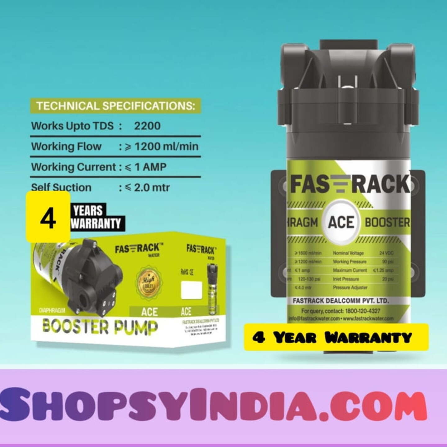 Fast Track RO Booster Pump ACE-100 GPD With 4 Year Full Warranty | Best Price Available | Durable | 100 Percent copper |