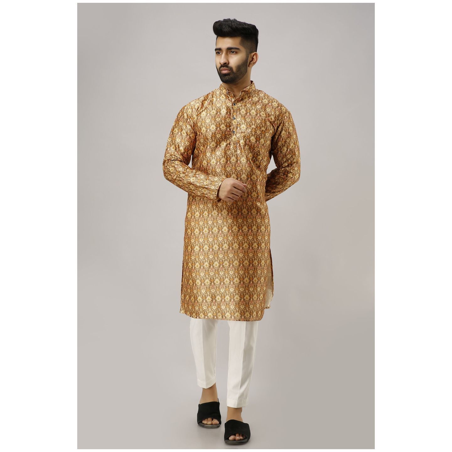 Mens Designer Silk Printed Kurta Golden