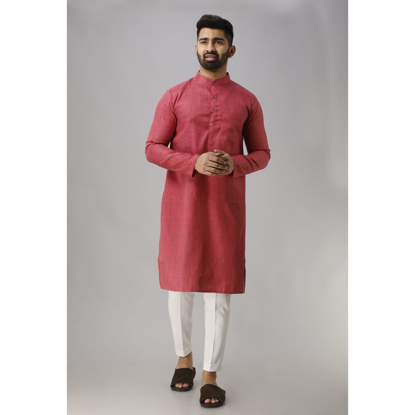 Mens Solid Cotton Blend Straight Kurta Pink