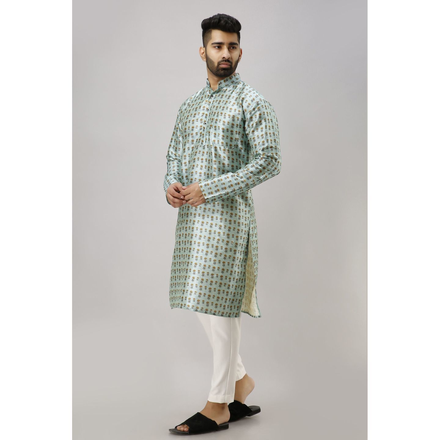 Men's Designer Silk Printed Kurta Green