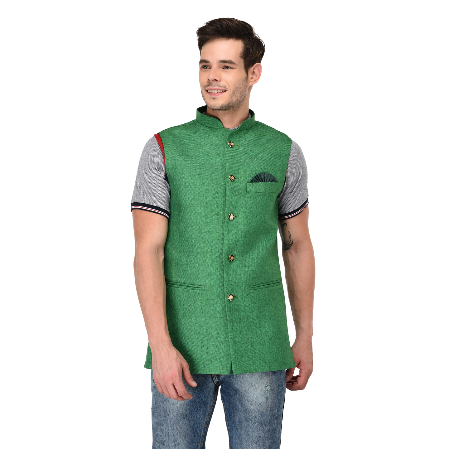 Mens Stylish Plain Sleeveless Green Jacket