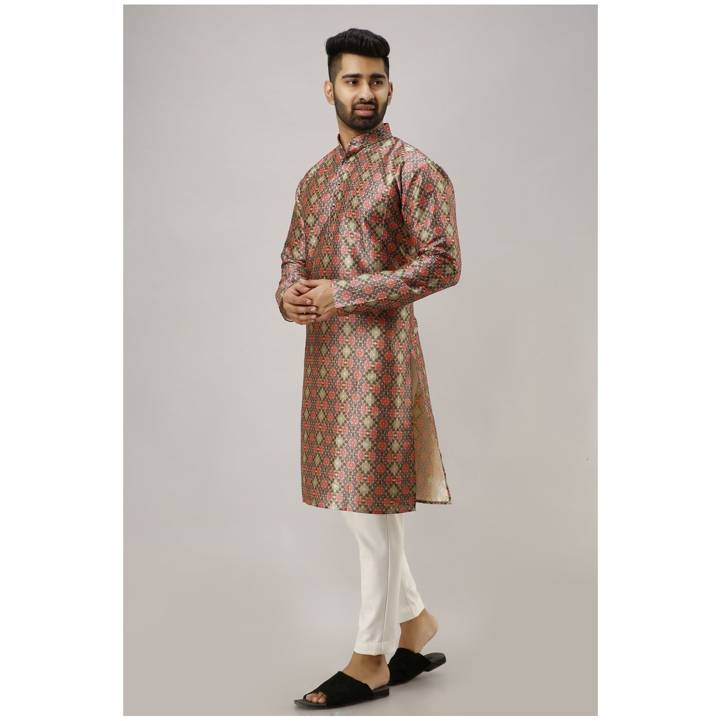 Mens Designer Silk Printed Kurta Brown