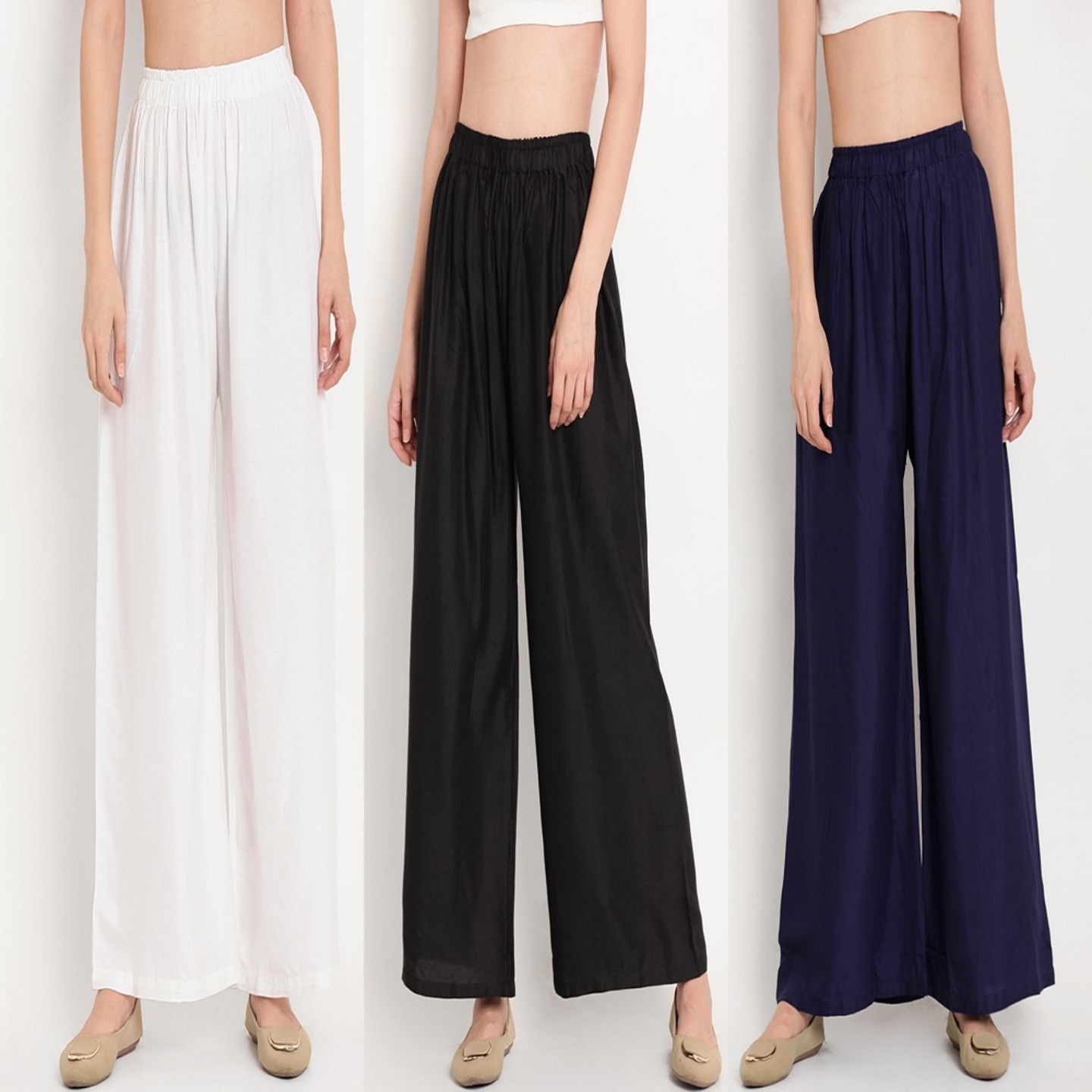 Women's Palazzo White, Black, Blue (Pack of 03 Pcs)