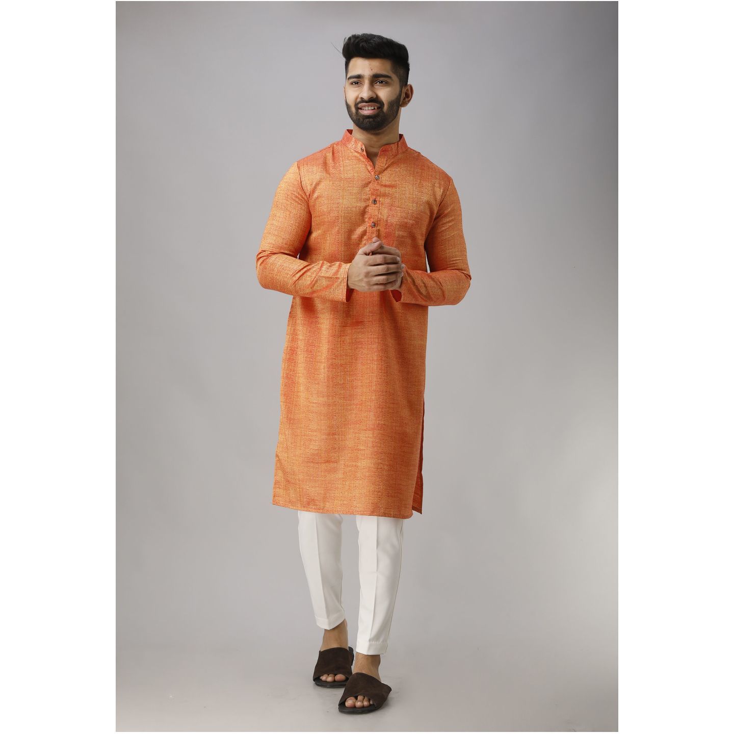 Mens Solid Cotton Blend Straight Kurta Orange