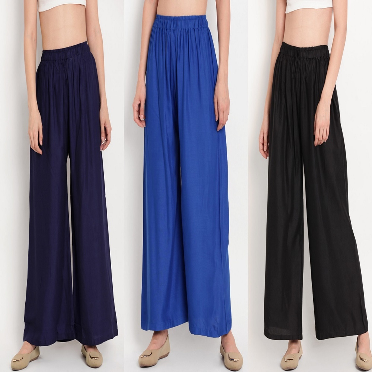 Womens Palazzo Blue, Nevy Blue, Black Pack of 03 Pcs