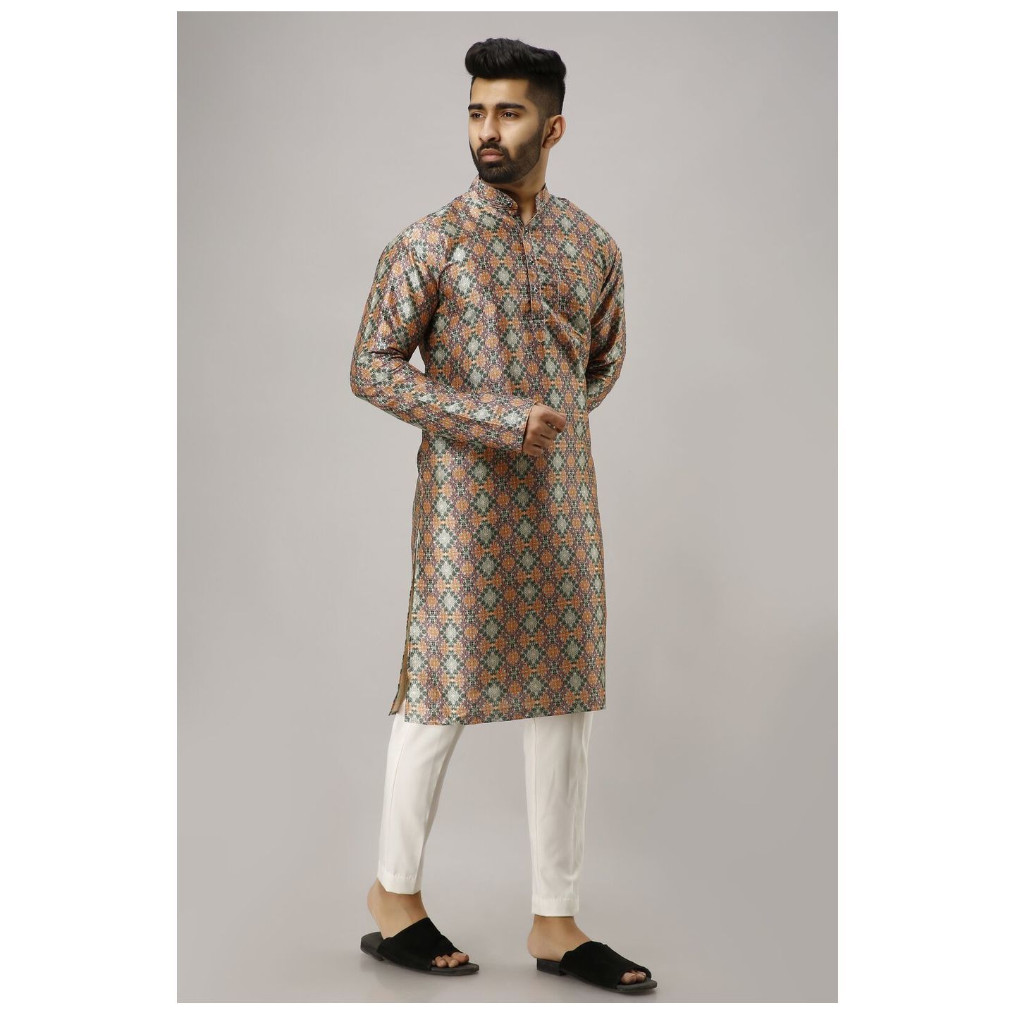 Mens Designer Silk Printed Kurta Orange with Silver