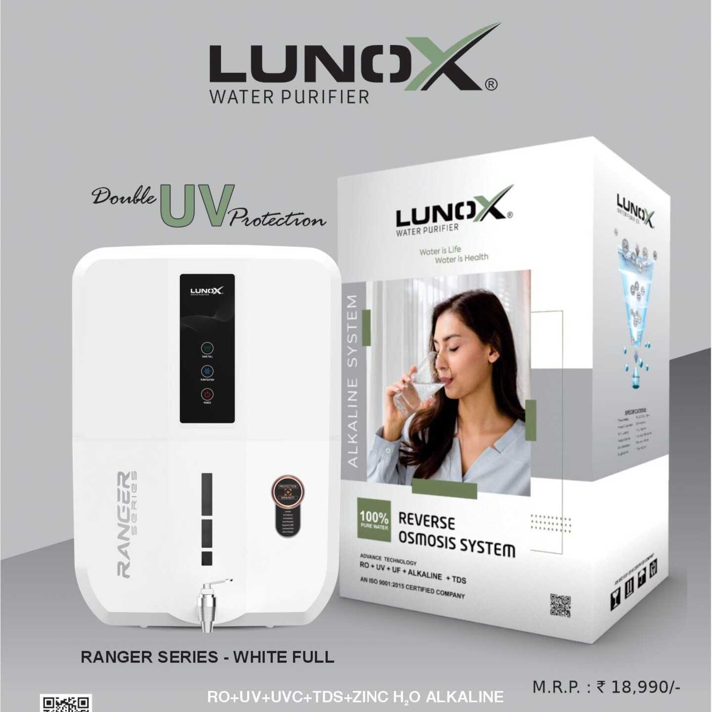 Lunox Ranger  RO Water Purifications System With Uv+TDS+Alakaline+copper+zinc+orp