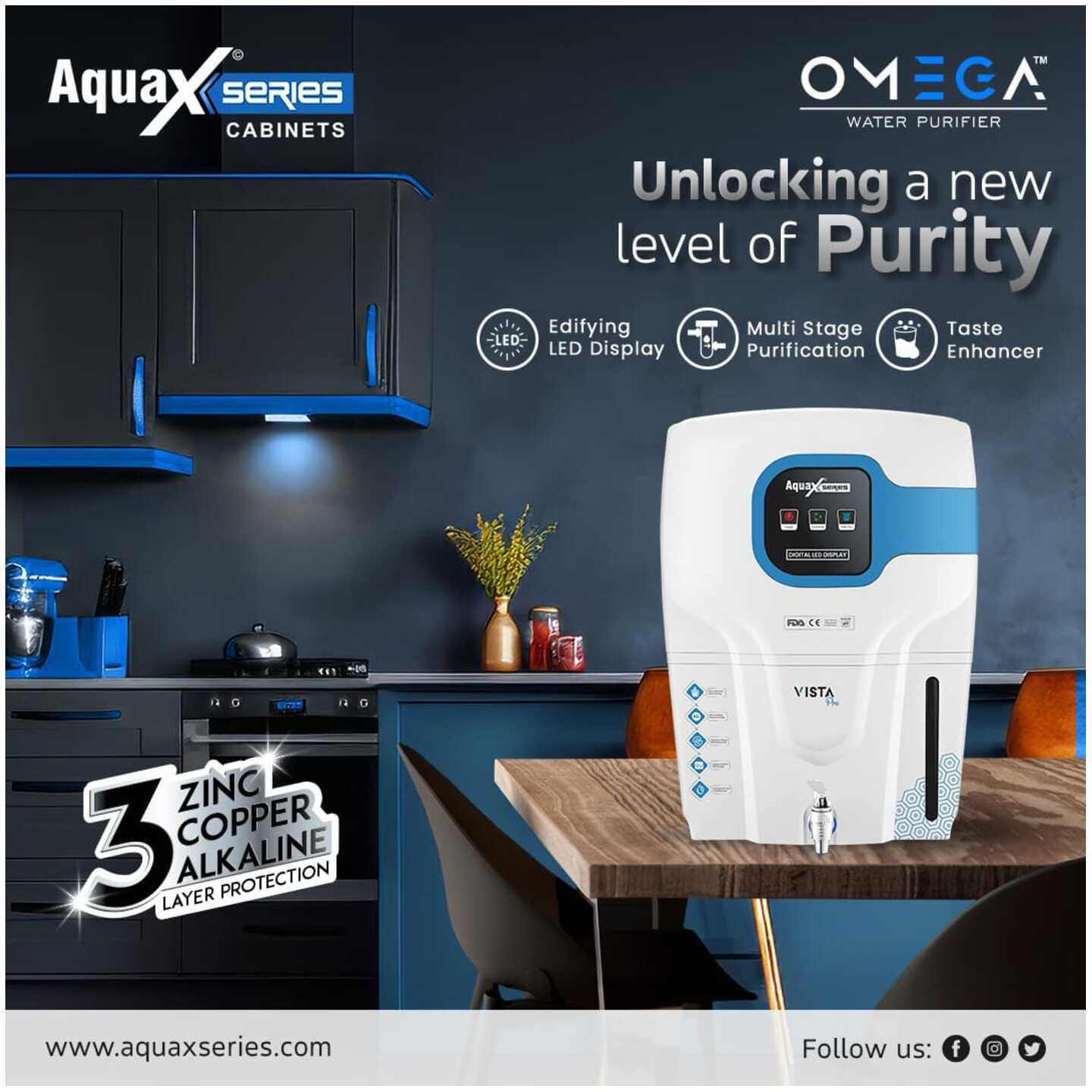 AquaX Vista Pro With LED Indication Latest Smart Filtration Technology RO+UV+UF+TDS Adjuster+Copper+Alkaline Technology Water Purifier Longlife Performance Heavy Pump  Food Grade Material