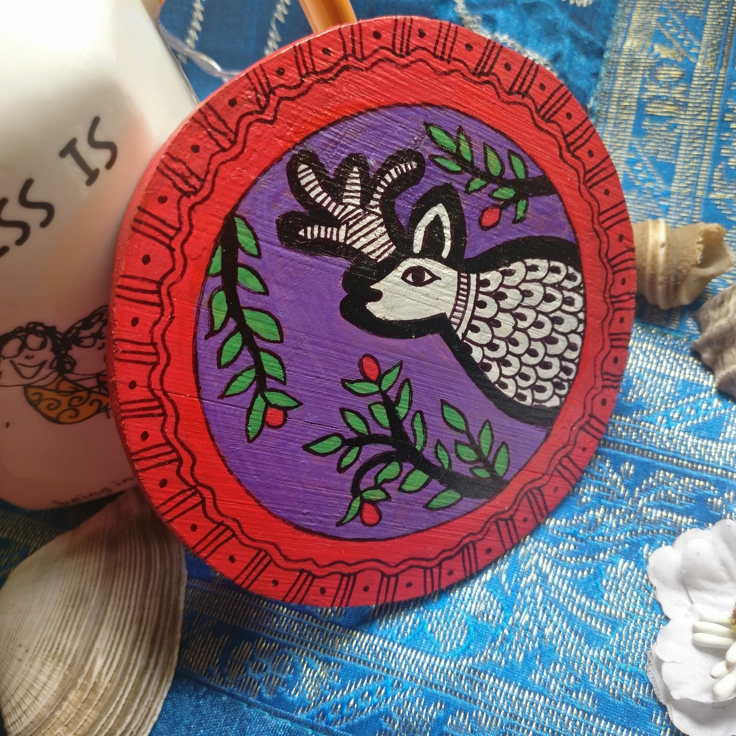 Mruga Madhubani hand painted Bamboo Coaster