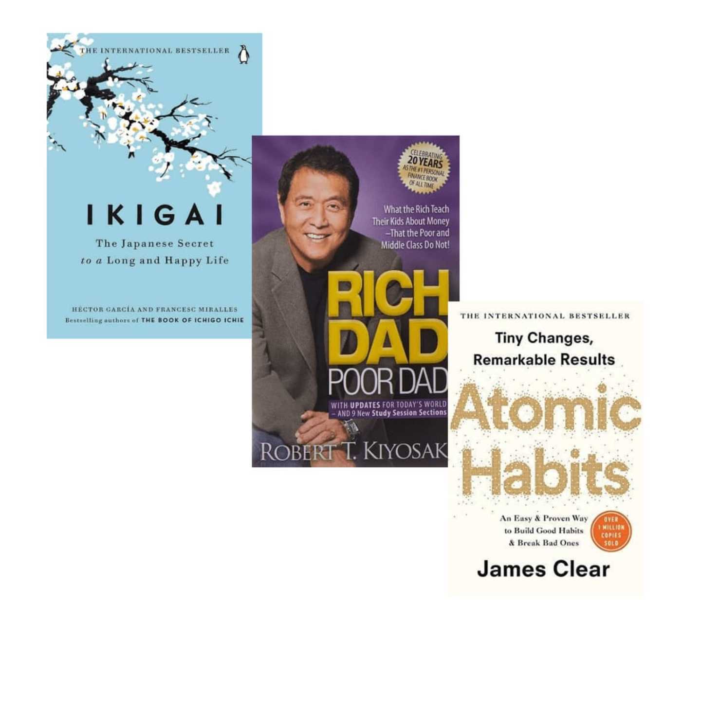 Ikigai, Rich Dad Poor Dad, Atomic Habits combo