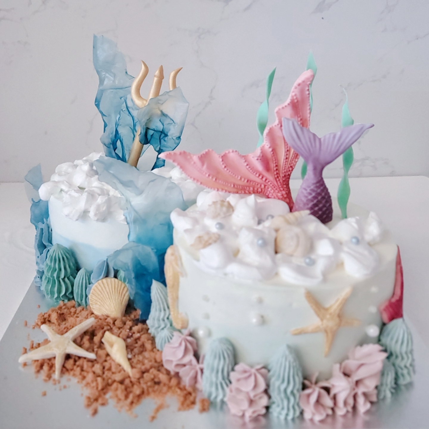 Mermaid & Trident Ocean Themed Duo Cakes