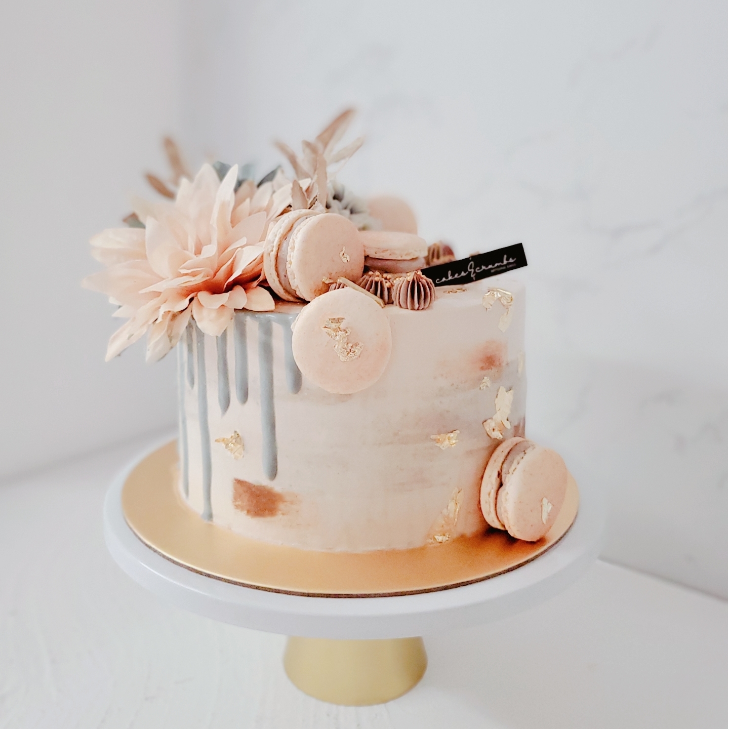 Watercolor Floral Cake In Taupe & Rose Gold