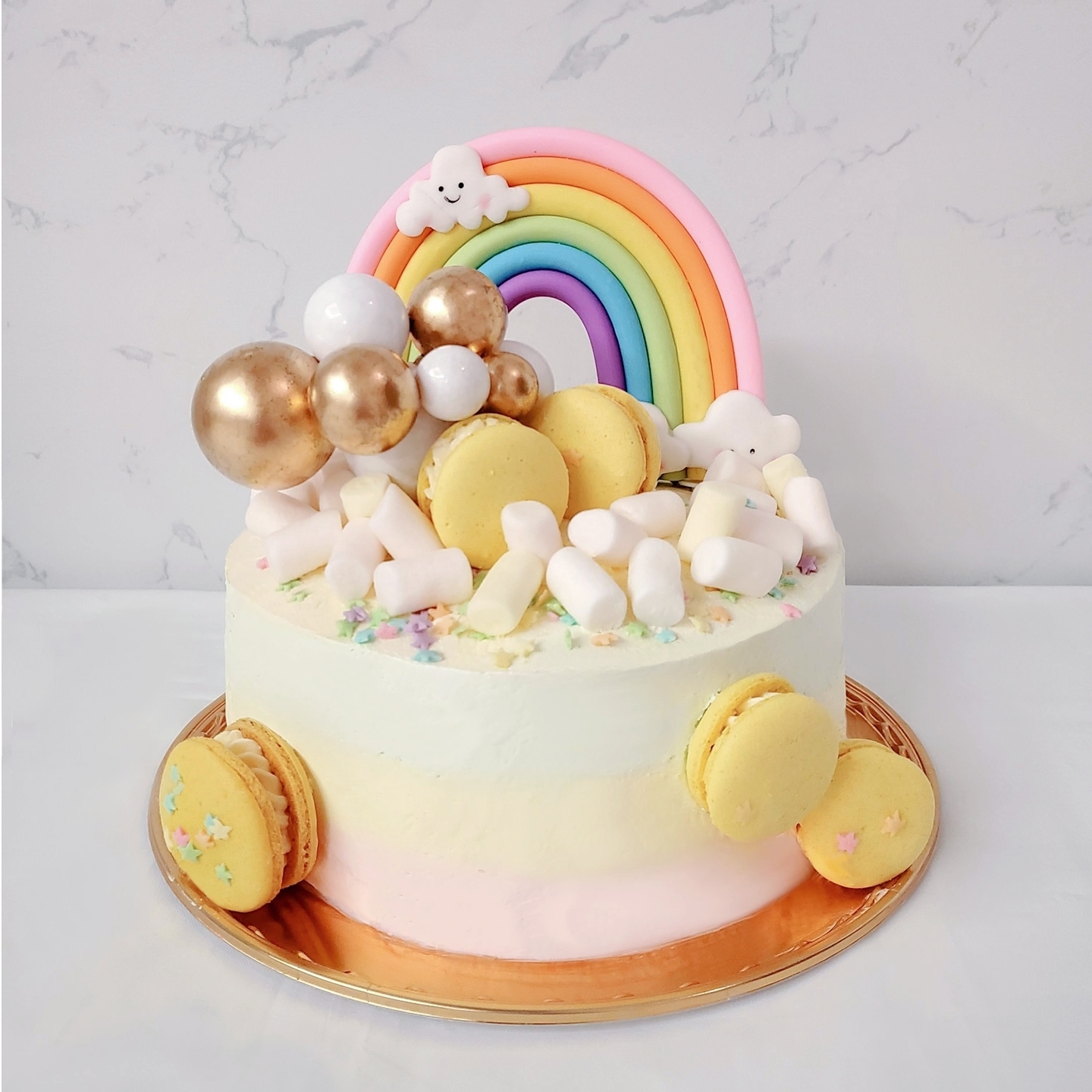 Pastel Tone Rainbow Cake With Marshmallows & Macarons