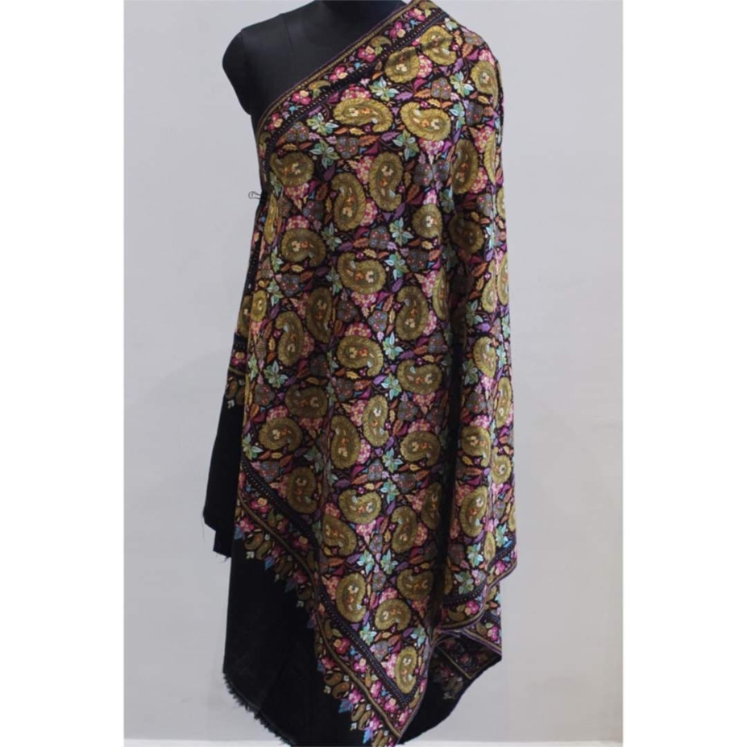 Black Pure Pashmina Shawl with Allover Paper Mache Luxury Hand Embroidery