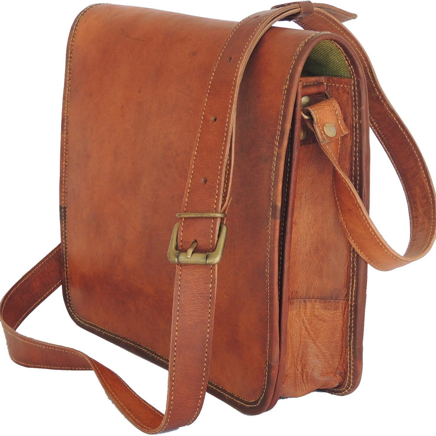 Goat Leather Cross Body Vintage Style Shoulder Bag 11 Inch Small Travelling Bag for Women & Men, Brown