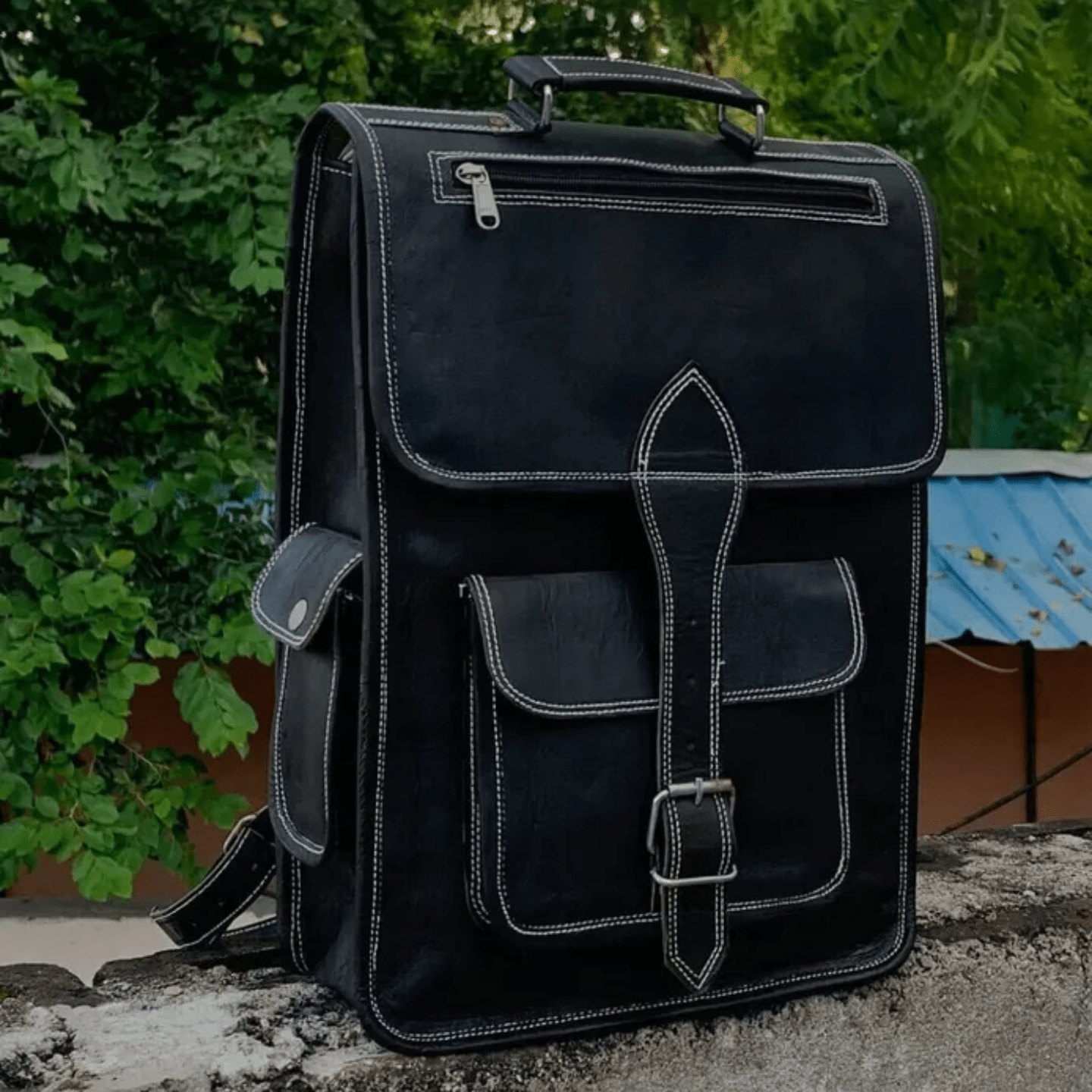 Black Handmade Goat Leather Travel Casual Laptop Messenger Backpack Shoulder Bag