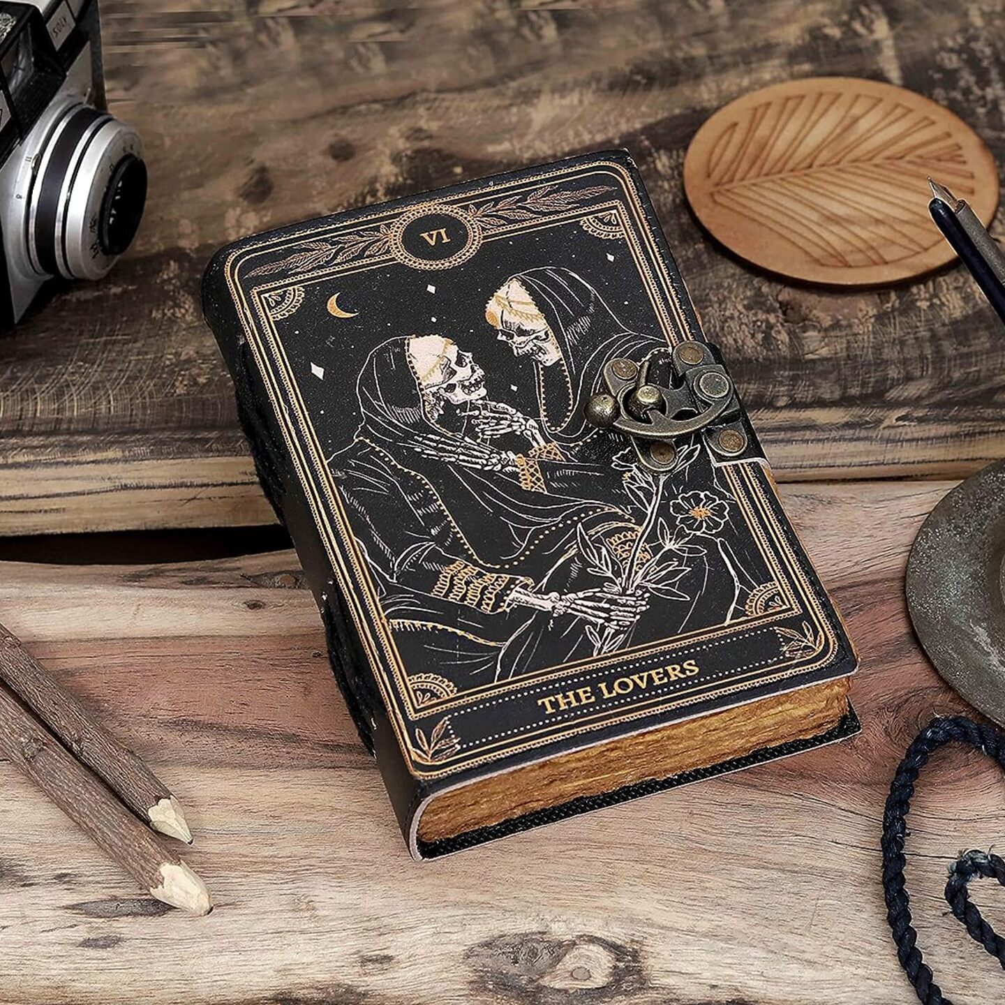 Book of Spells Leather Journal Deckle Edge Paper Grimoire Printed Journal The Lovers Tarot Notebook Spiral Gothic Notebook Skull lover Antique Vintage Leather Journals for Men and Women