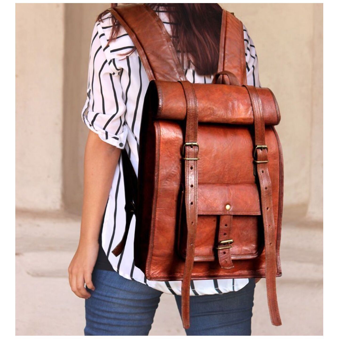 Goat Leather Backpack Shoulder Bag 17 in Laptop Rucksack Office School Handbags