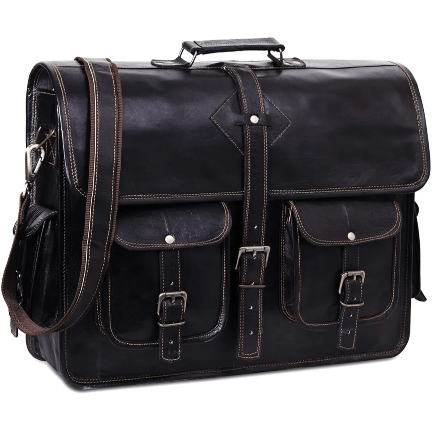 Men's 18" goat leather messenger Real satchel bag genuine laptop brown briefcase